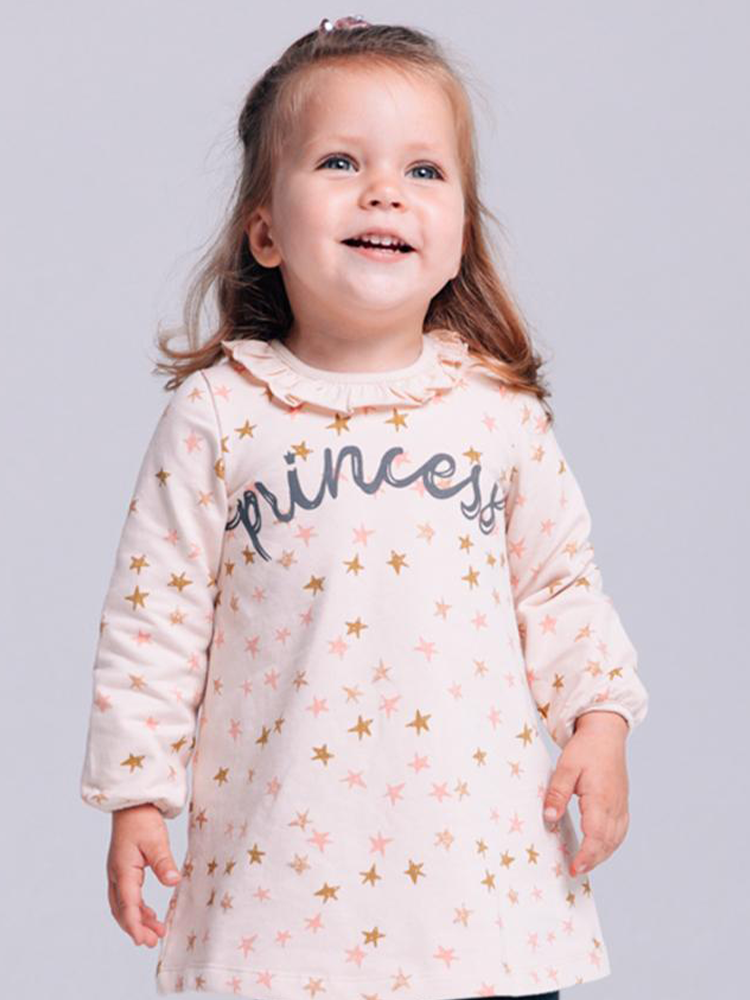 Artie - Princess Bear Starry Pale Pink Girls French Terry Dress with Ruffled Neck - Stylemykid.com