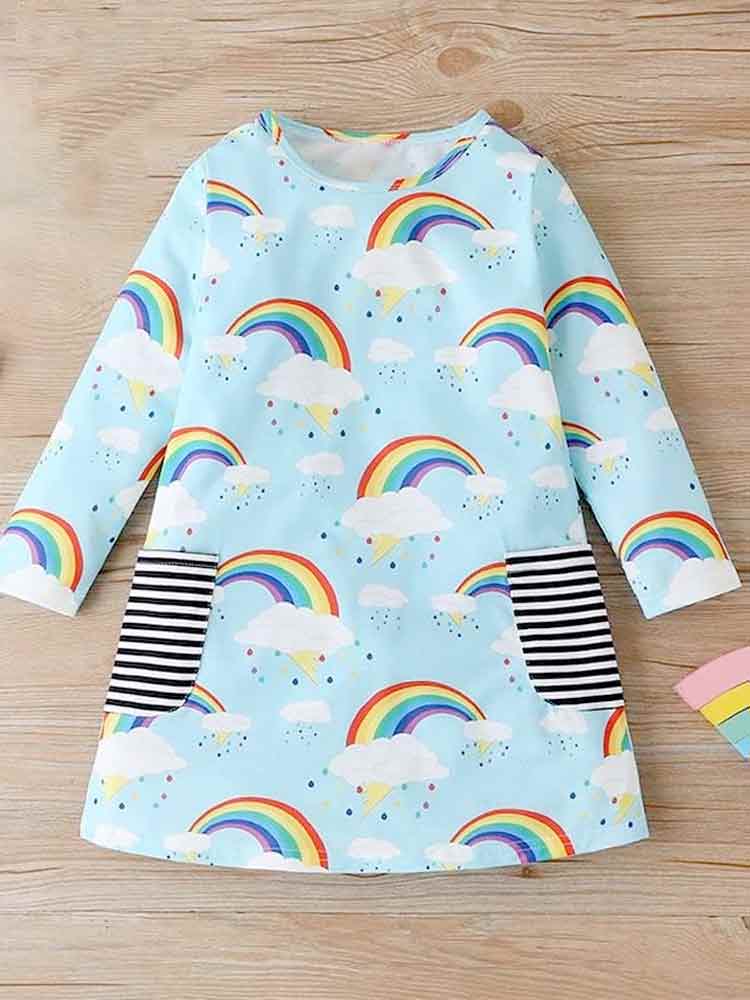 Rainbow Print Girls Dress - Sky Blue - 18 months to 6 Years - Stylemykid.com