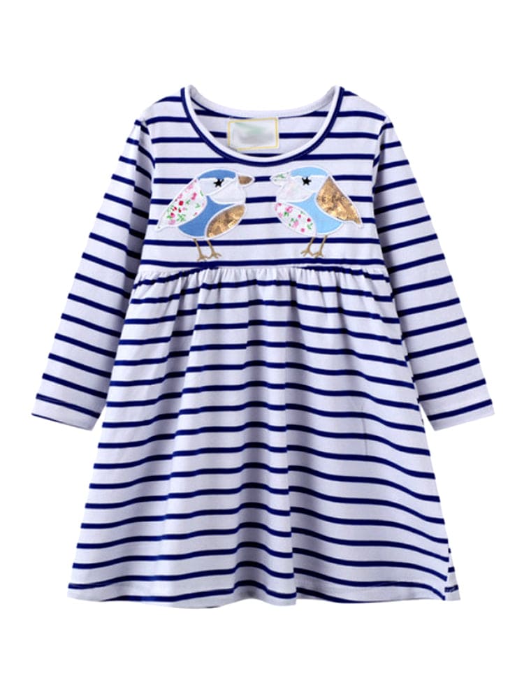 Tweetie Bird - Girls Long Sleeve Blue and White Flared Striped Dress - Stylemykid.com