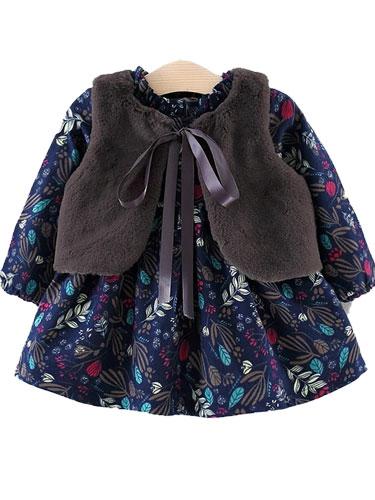 Winter Blossom Blue Flower Fleece Dress with Grey Faux Fur Gilet Set - Stylemykid.com