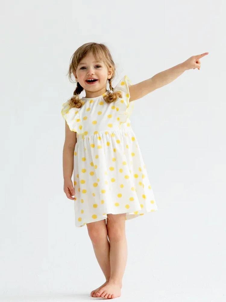 Artie - Yellow and White Polka Dot Baby and Girl Frill Dress - Stylemykid.com